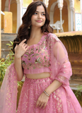 Sequence Embroidered Soft Net Pink Reception Wear Lehenga Choli Set