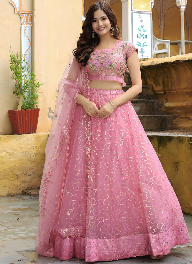 Sequence Embroidered Soft Net Pink Reception Wear Lehenga Choli Set