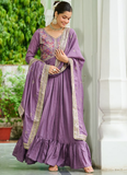 Sequence Embroidered Stylist Lavender Vichitra Silk Long Anarkali