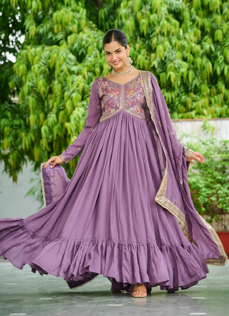 Sequence Embroidered Stylist Lavender Vichitra Silk Long Anarkali