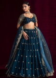 Sequence Embroidered Teal Blue Japan Satin Lehenga Choli With Dupatta