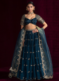 Sequence Embroidered Teal Blue Japan Satin Lehenga Choli With Dupatta