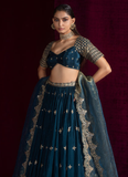 Sequence Embroidered Teal Blue Japan Satin Lehenga Choli With Dupatta