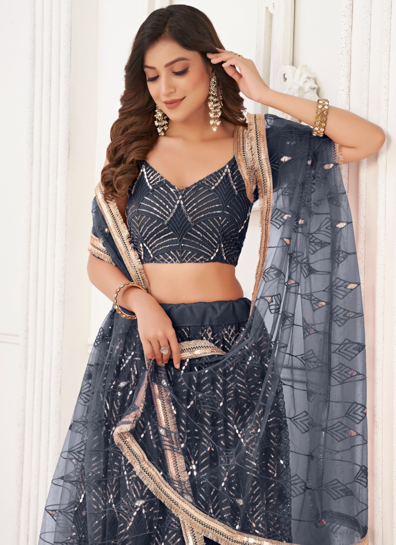 Sequence Embroidered Work Butterfly Net Black Lehenga Choli