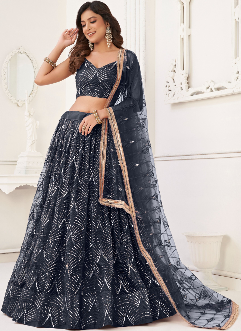 Sequence Embroidered Work Butterfly Net Black Lehenga Choli
