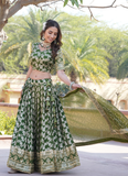 Sequence Embroidered Work Jacquard Green Lehenga Choli For Mehendi