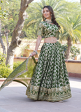 Sequence Embroidered Work Jacquard Green Lehenga Choli For Mehendi