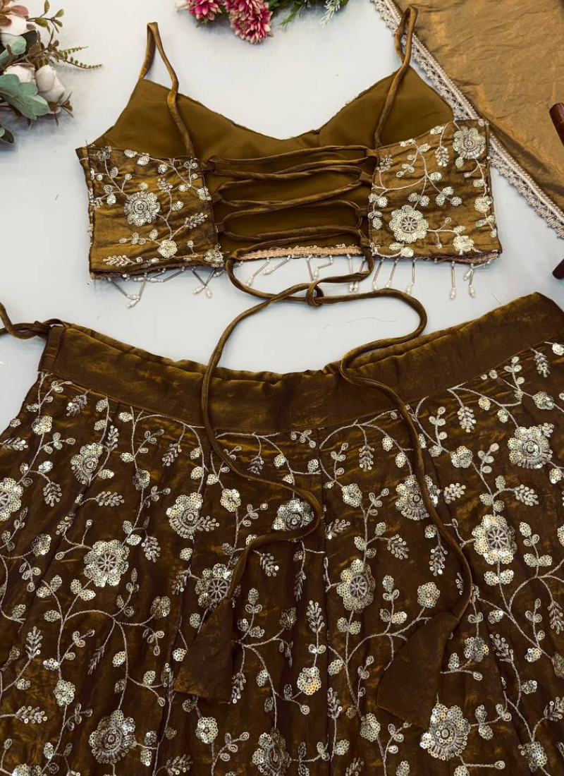 Sequence Embroidery Brown Fandy Silk Fully Stitched Lehenga Choli