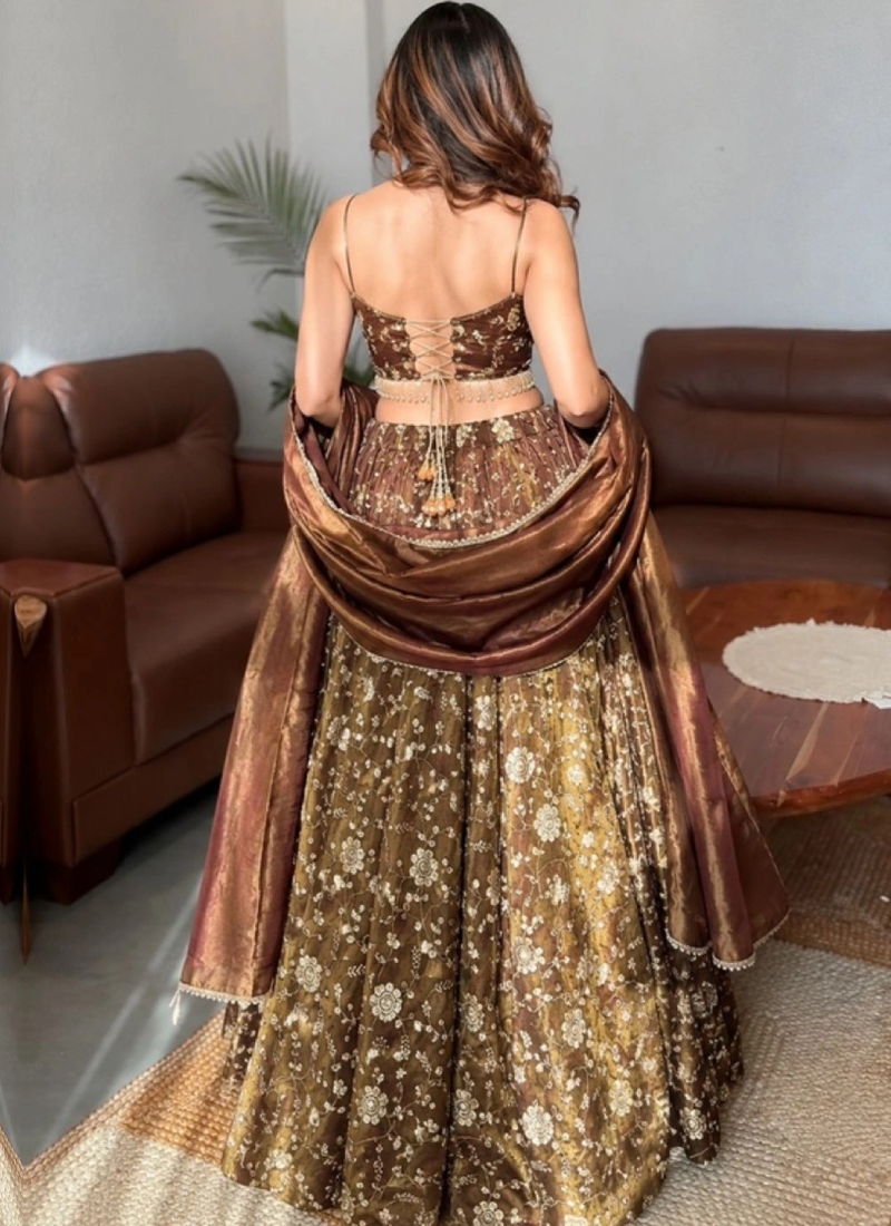 Sequence Embroidery Brown Fandy Silk Fully Stitched Lehenga Choli