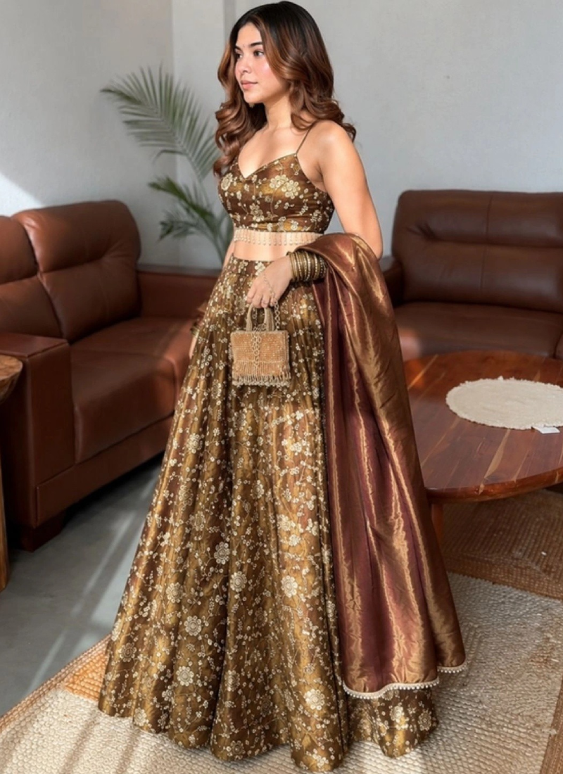 Sequence Embroidery Brown Fandy Silk Fully Stitched Lehenga Choli
