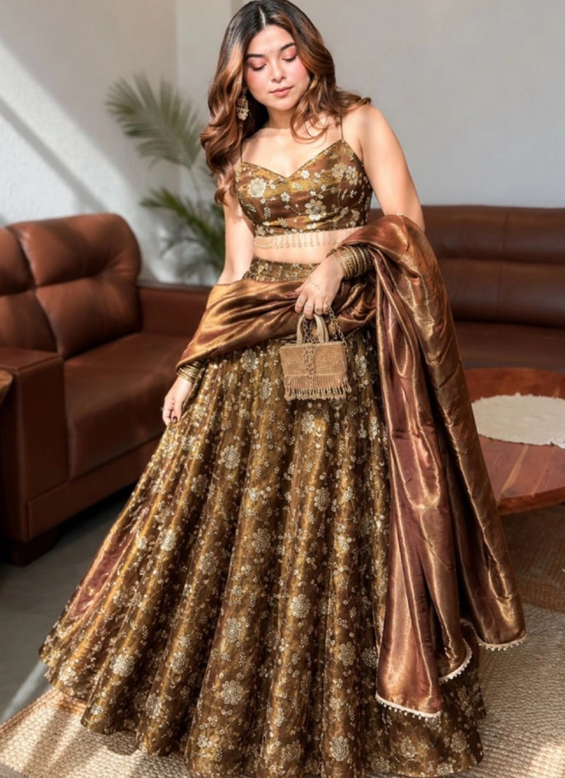 Sequence Embroidery Brown Fandy Silk Fully Stitched Lehenga Choli