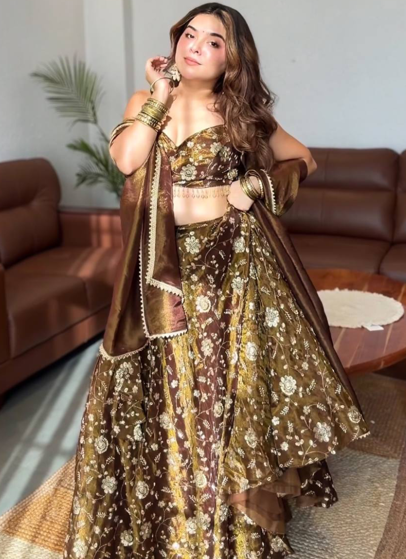 Sequence Embroidery Brown Fandy Silk Fully Stitched Lehenga Choli