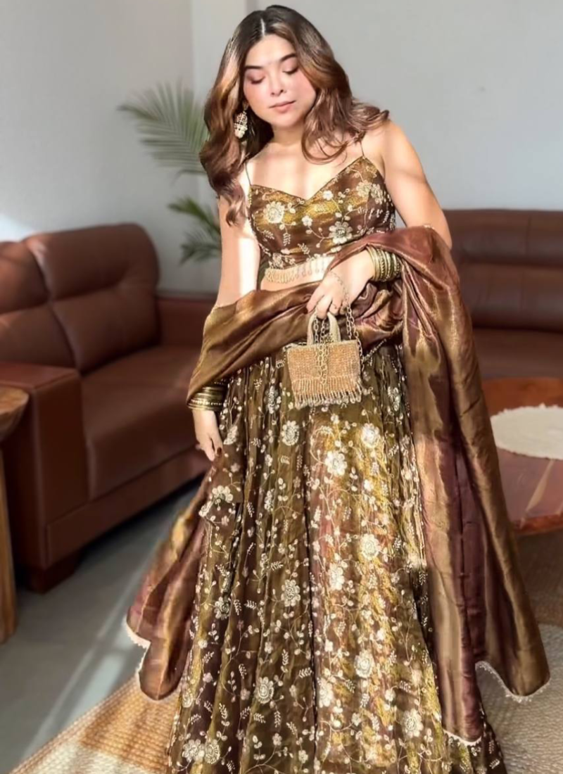Sequence Embroidery Brown Fandy Silk Fully Stitched Lehenga Choli