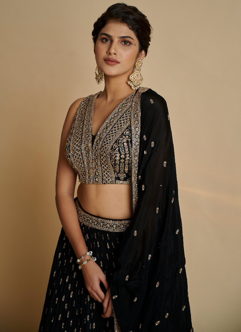 Sequence Embroidery Georgette Party Wear Black Color Lehenga Choli