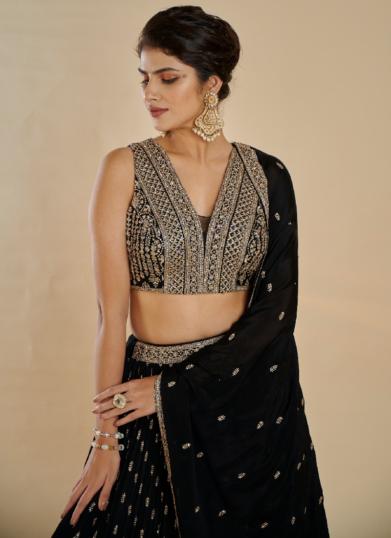 Sequence Embroidery Georgette Party Wear Black Color Lehenga Choli