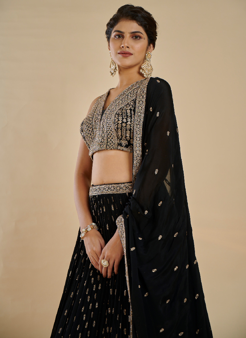 Sequence Embroidery Georgette Party Wear Black Color Lehenga Choli