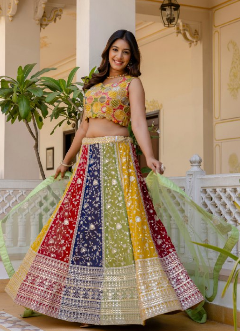 Sequence Embroidery Multi Color Georgette Wedding Wear Lehenga Choli