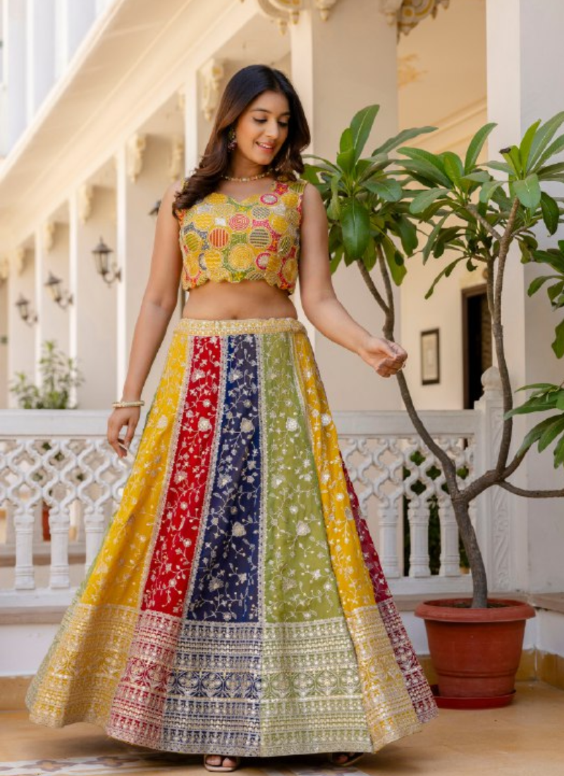 Sequence Embroidery Multi Color Georgette Wedding Wear Lehenga Choli