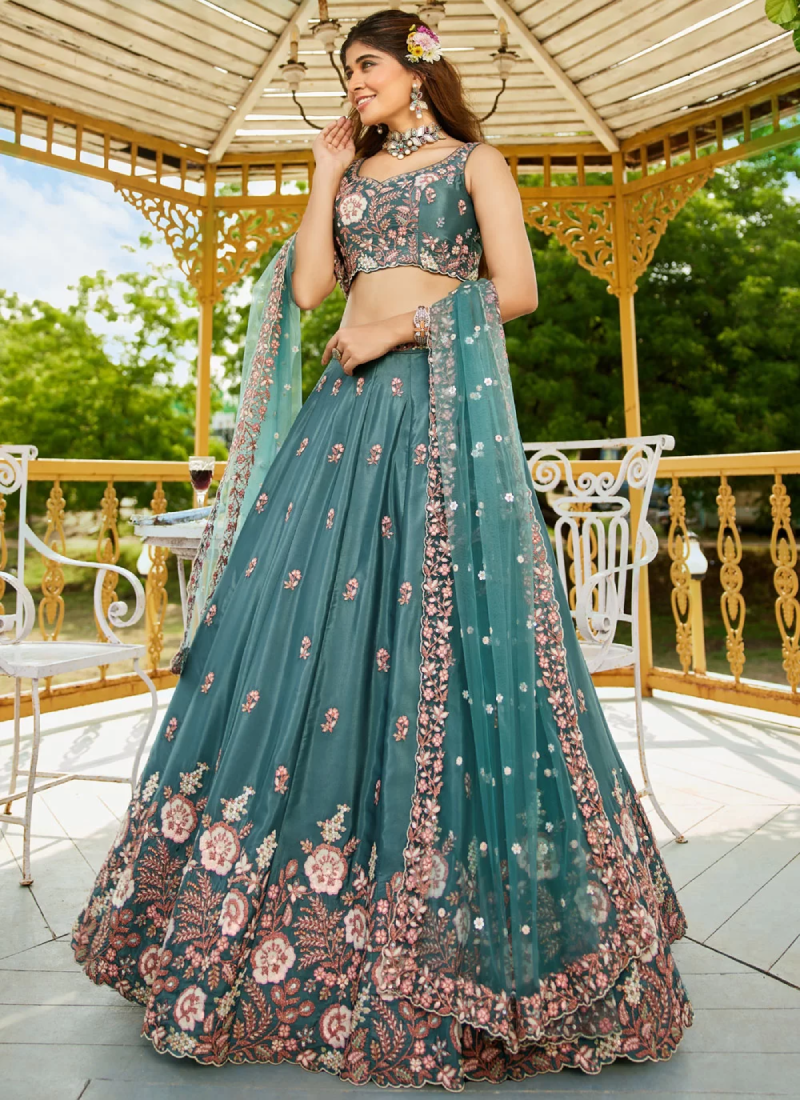Sequence Embroidery Satin Silk Teal Blue Lehenga Choli For Wedding