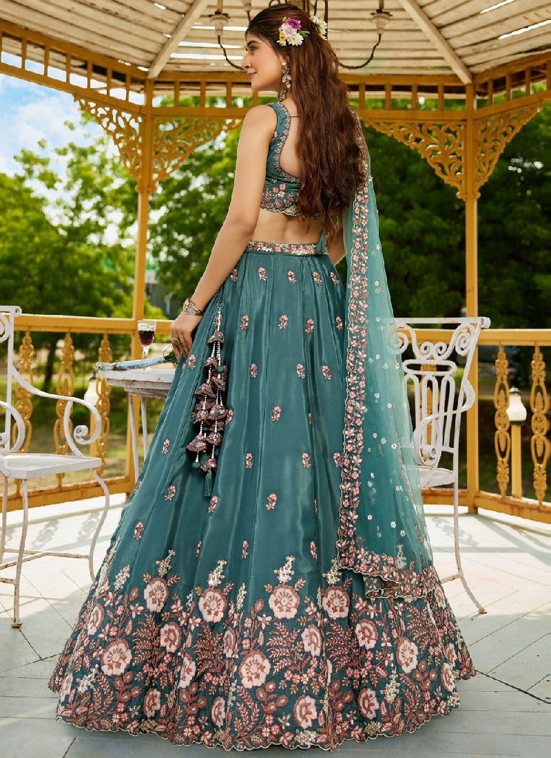Sequence Embroidery Satin Silk Teal Blue Lehenga Choli For Wedding