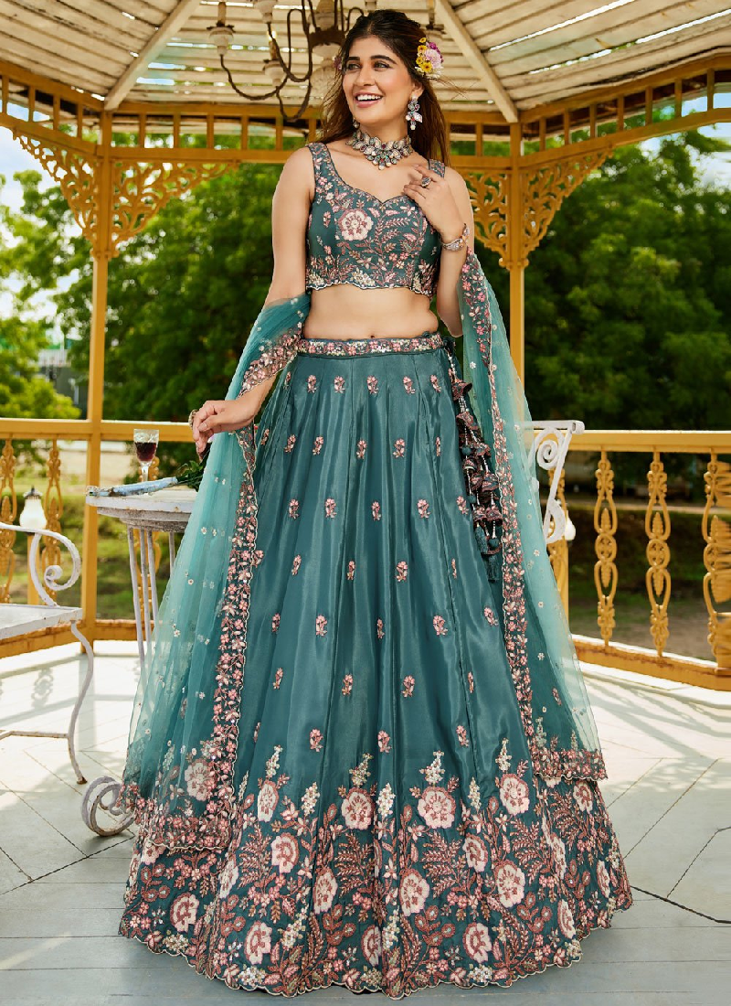 Sequence Embroidery Satin Silk Teal Blue Lehenga Choli For Wedding