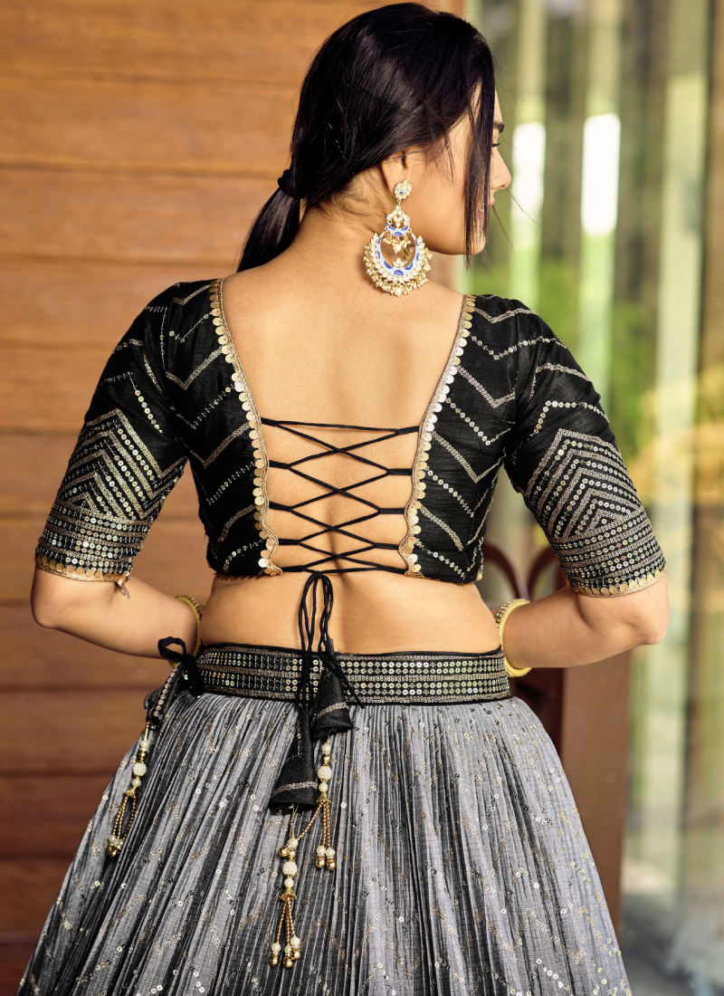 Sequence Embroidery Work Black Shaded Chinon Silk Lehenga Choli