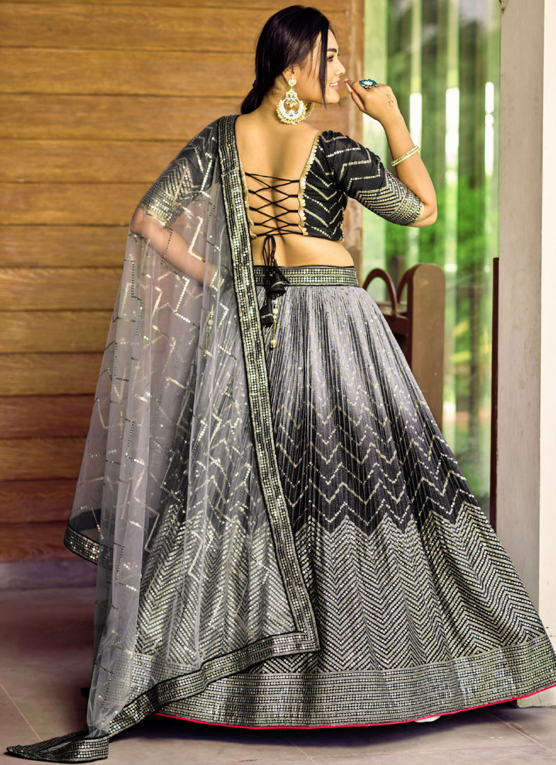 Sequence Embroidery Work Black Shaded Chinon Silk Lehenga Choli