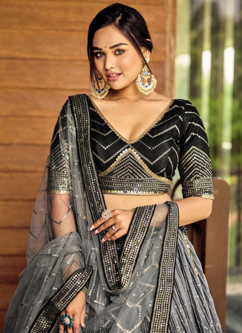 Sequence Embroidery Work Black Shaded Chinon Silk Lehenga Choli