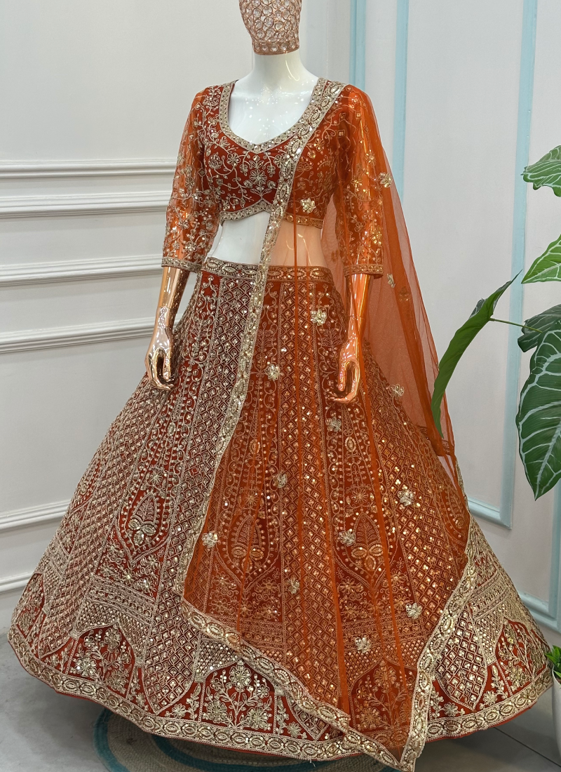 Sequence Embroidery Work Trending Orange Net Lehenga Choli For Wedding