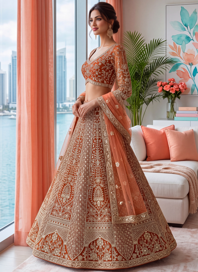 Sequence Embroidery Work Trending Orange Net Lehenga Choli For Wedding