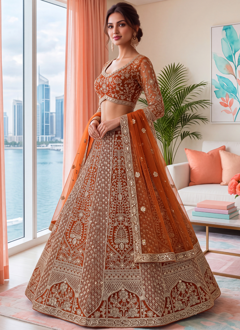 Sequence Embroidery Work Trending Orange Net Lehenga Choli For Wedding