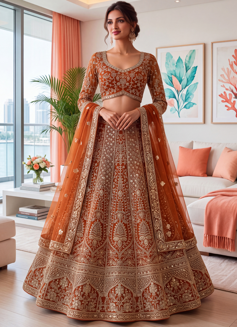 Sequence Embroidery Work Trending Orange Net Lehenga Choli For Wedding