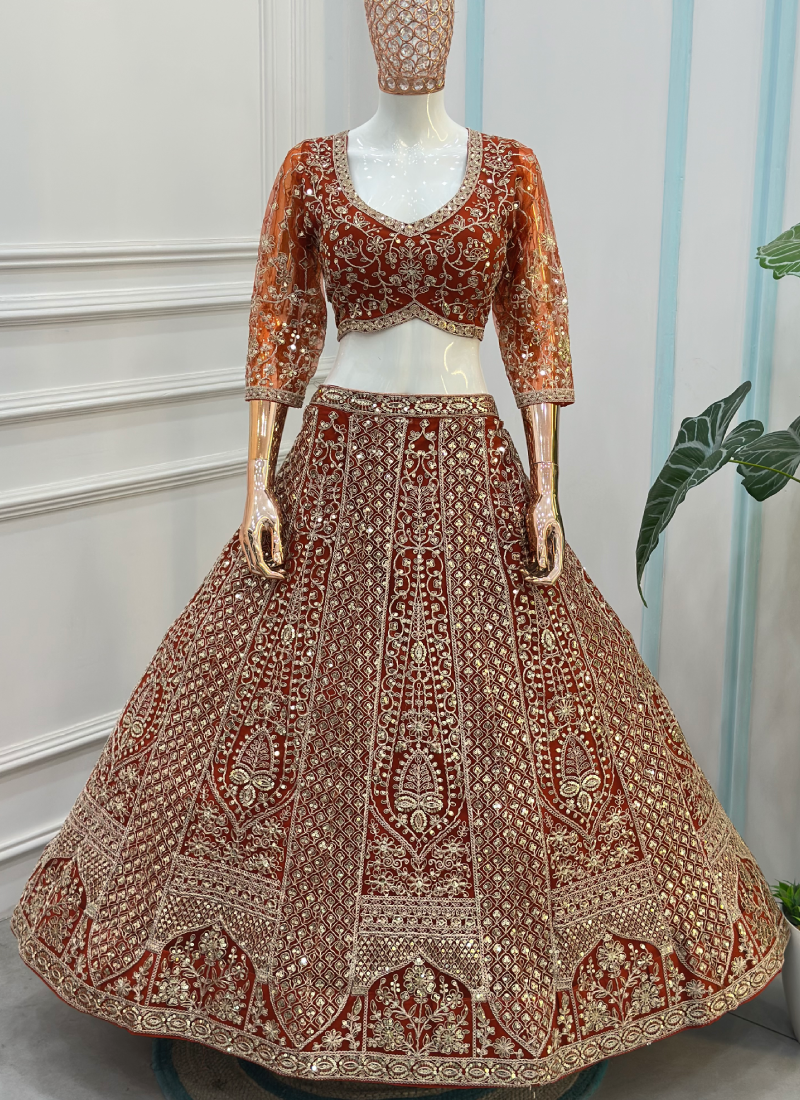Sequence Embroidery Work Trending Orange Net Lehenga Choli For Wedding