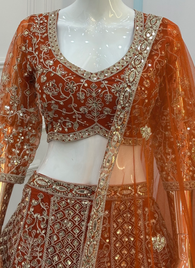 Sequence Embroidery Work Trending Orange Net Lehenga Choli For Wedding