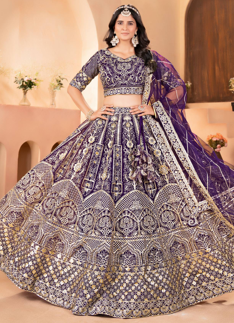 Sequence Heavy Embroidered Purple Net Lehenga Choli For Women