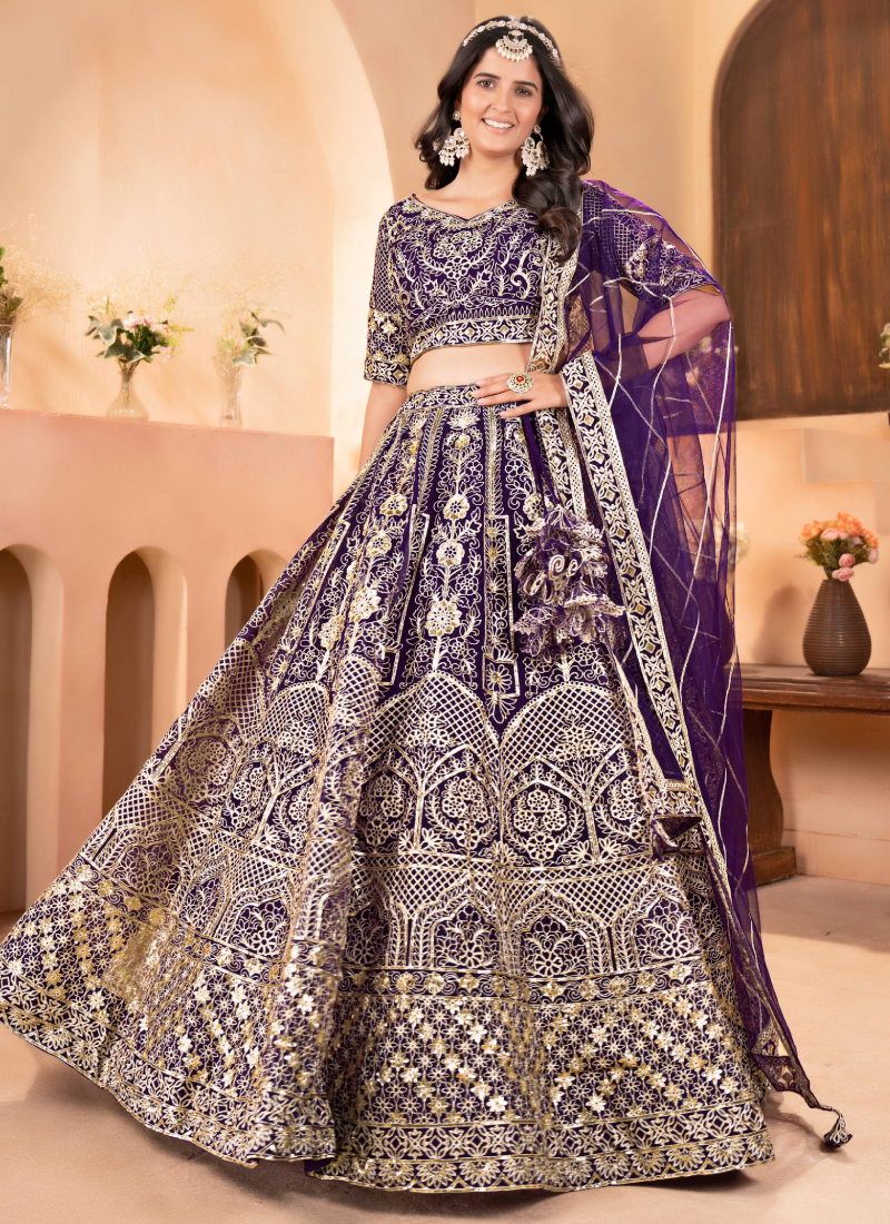 Sequence Heavy Embroidered Purple Net Lehenga Choli For Women
