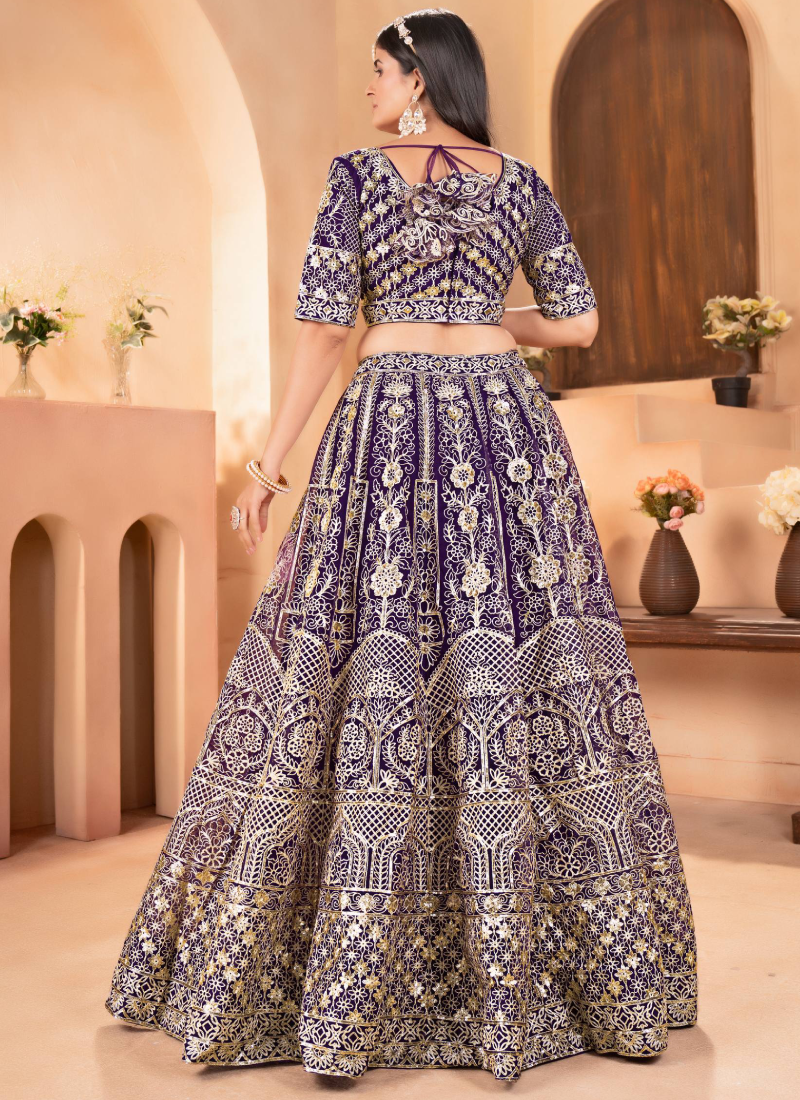 Sequence Heavy Embroidered Purple Net Lehenga Choli For Women