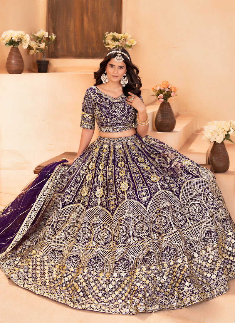 Sequence Heavy Embroidered Purple Net Lehenga Choli For Women