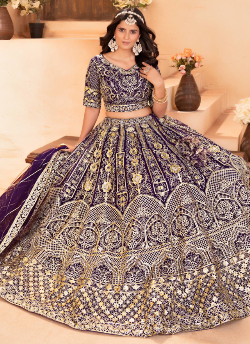 Sequence Heavy Embroidered Purple Net Lehenga Choli For Women