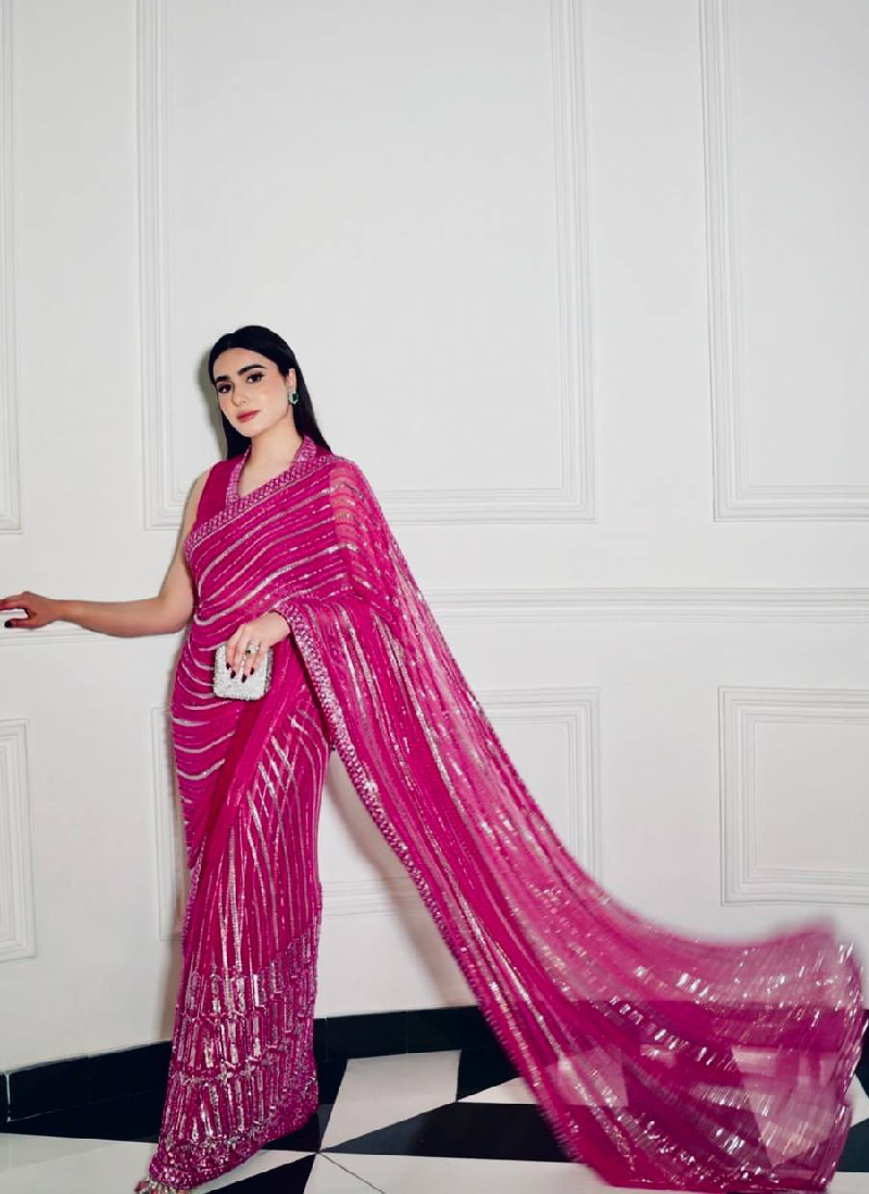 Sequence Work Designer Reception Wear Georgette Pink Saree With Blouse