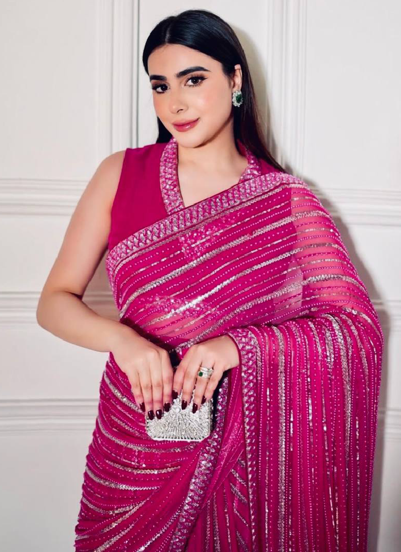 Sequence Work Designer Reception Wear Georgette Pink Saree With Blouse