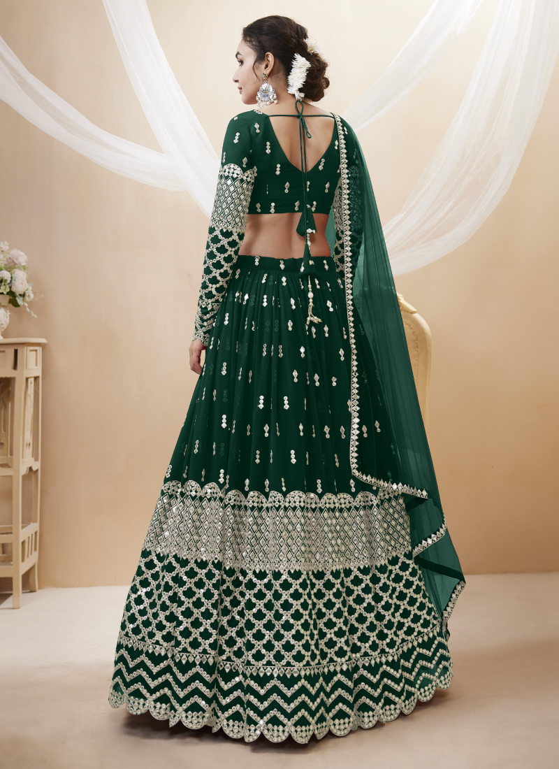 Sequence Work Georgette Material Bottle Green Lehenga Choli