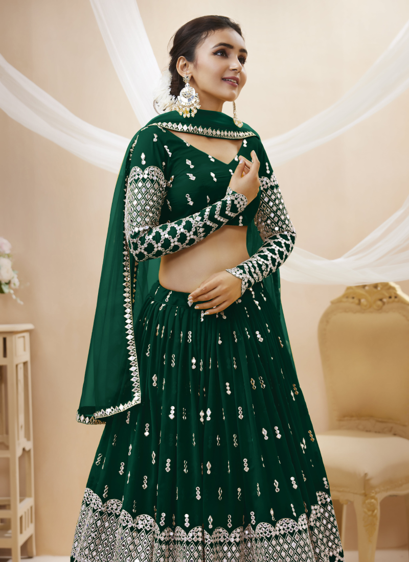 Sequence Work Georgette Material Bottle Green Lehenga Choli