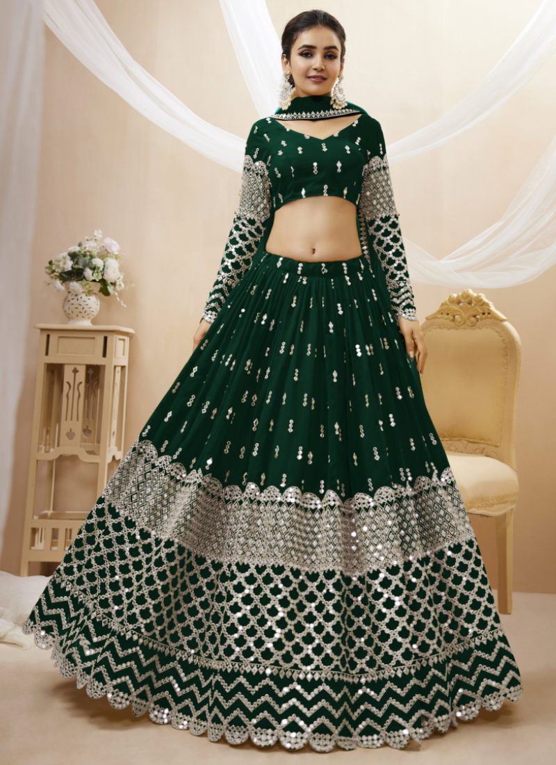Sequence Work Georgette Material Bottle Green Lehenga Choli