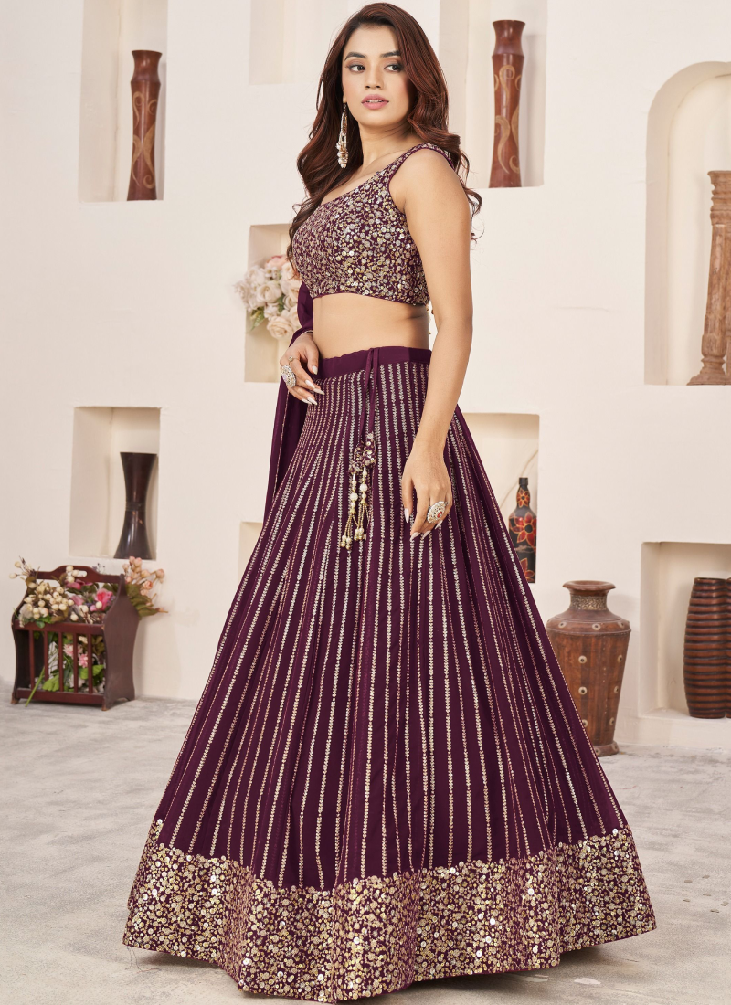 Sequence Work Georgette Party Wear Wine Lehenga Choli Set