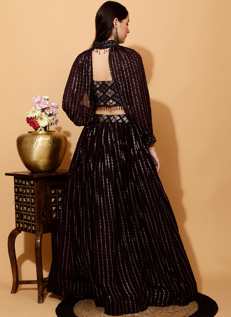 Sequence Work Georgette Wine Crop Top Skirt With Choker Sleeves