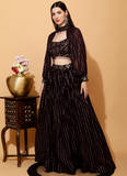 Sequence Work Georgette Wine Crop Top Skirt With Choker Sleeves