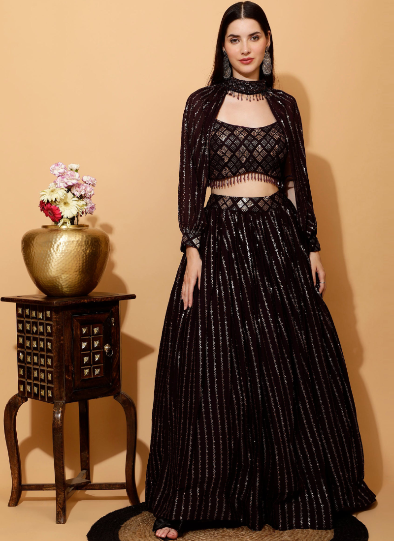 Sequence Work Georgette Wine Crop Top Skirt With Choker Sleeves