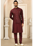 Sequence Work Maroon Silk Material Mens Koti Kurta Set