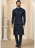Sequence Work Navy Blue Nehru Jacket With Bottom In Art Silk